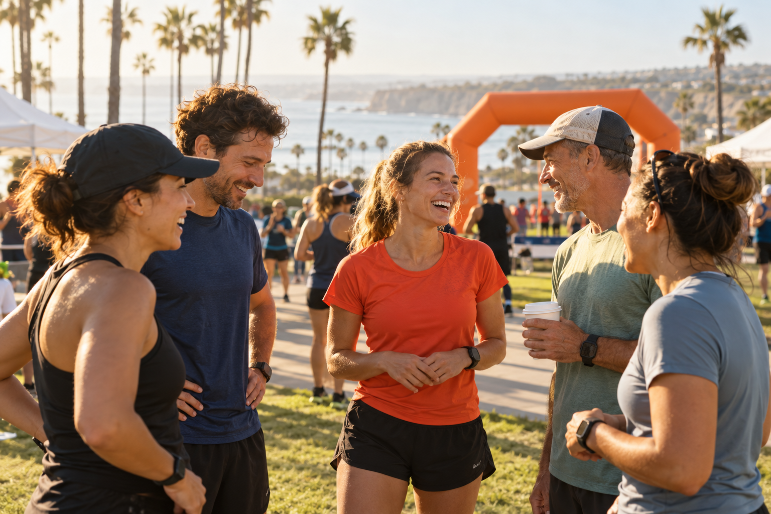 Illustrative campaign concept of a group enjoying coffee and conversation after a community run
