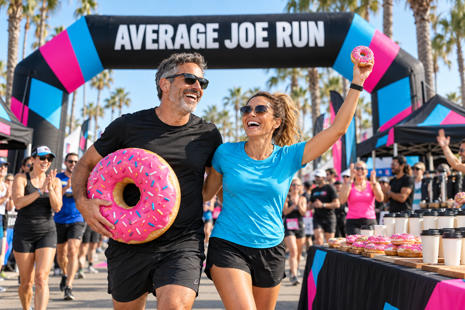 AI-generated campaign artwork of two smiling participants with a donut prop at an Average Joe Run finish area