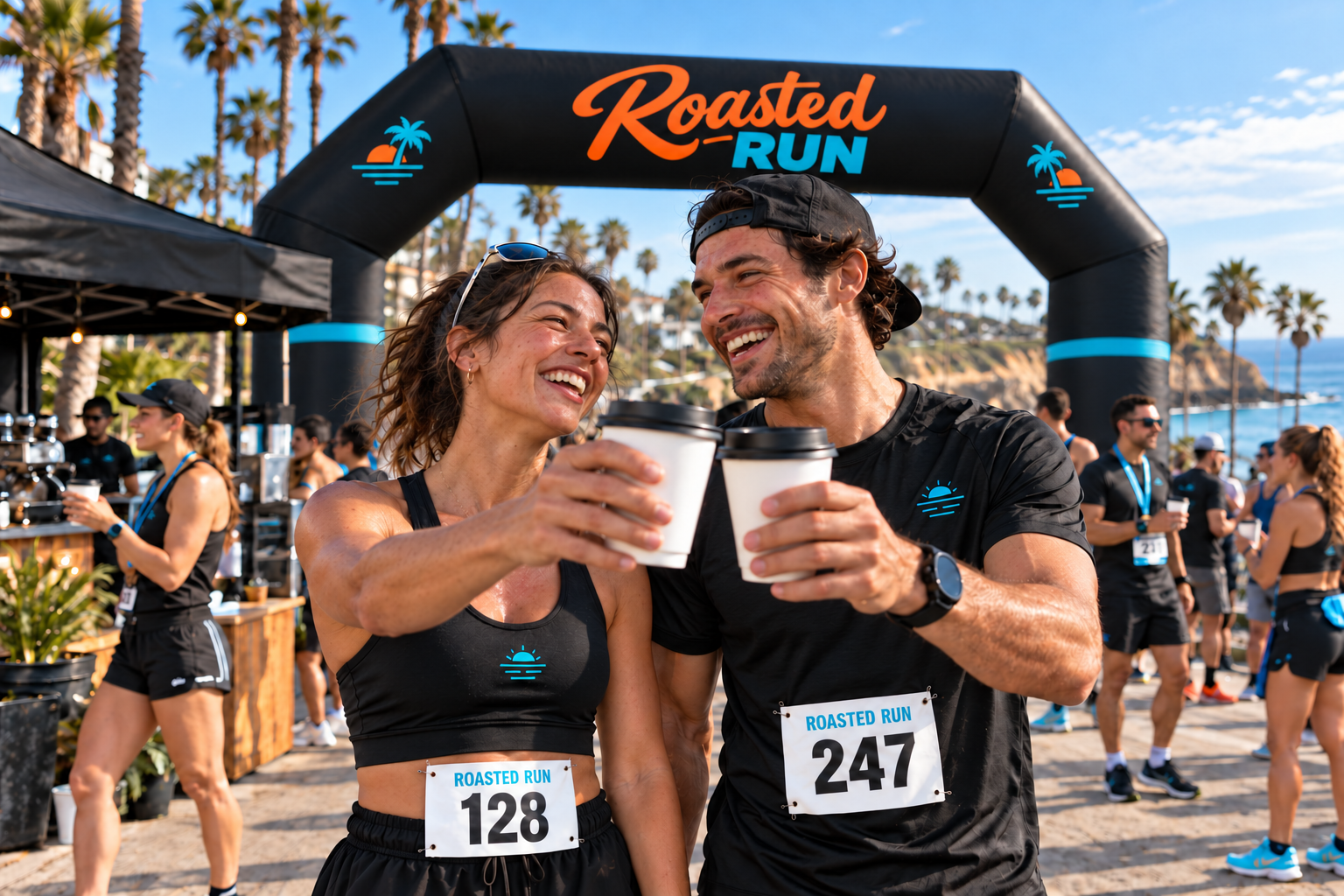 AI-generated campaign artwork of two runners wearing race bibs and sharing coffee beneath a Roasted Run finish arch